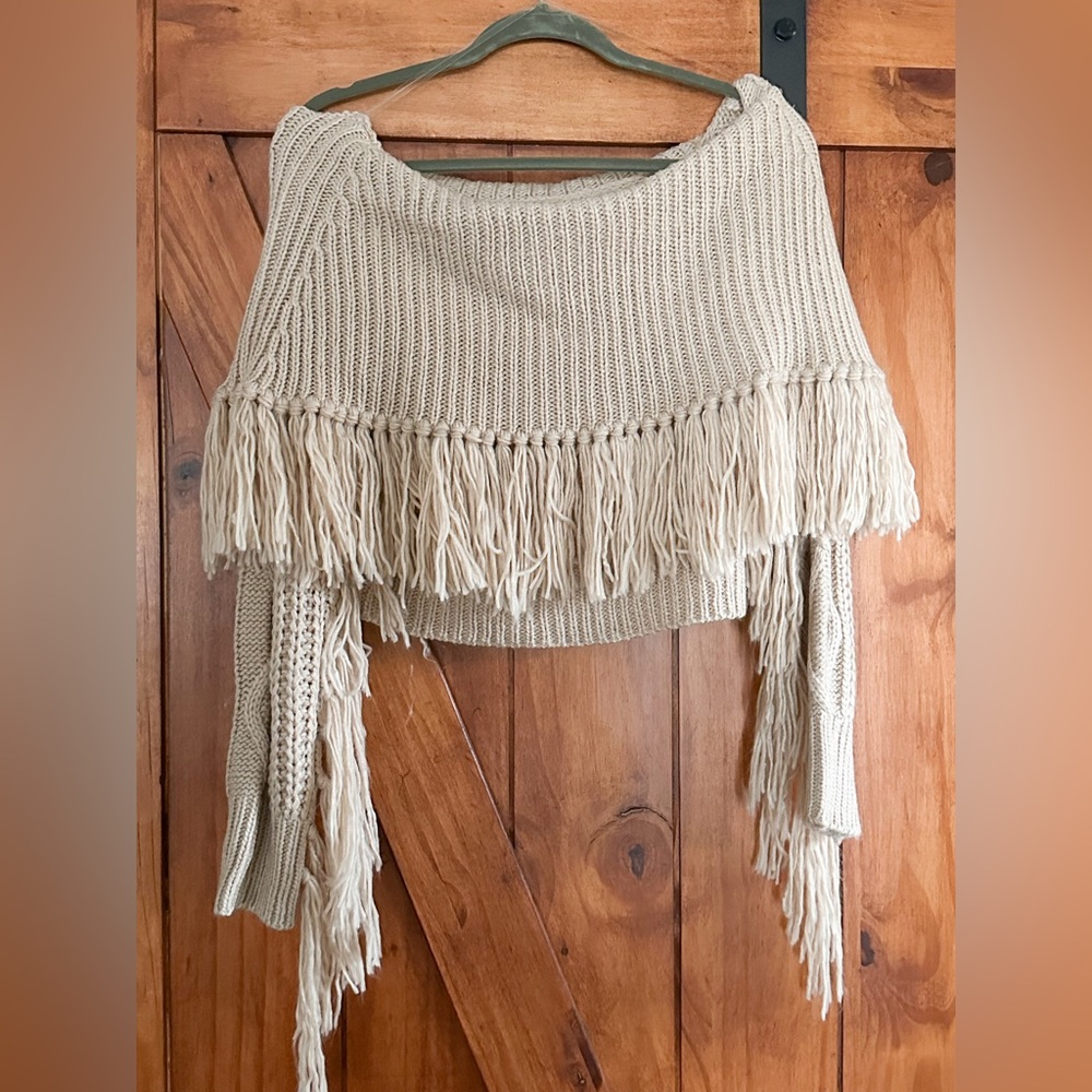 Fringe Off Shoulder Cropped Sweater